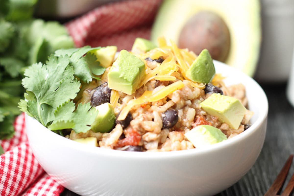 Instant pot chicken and rice bowls on a counter.