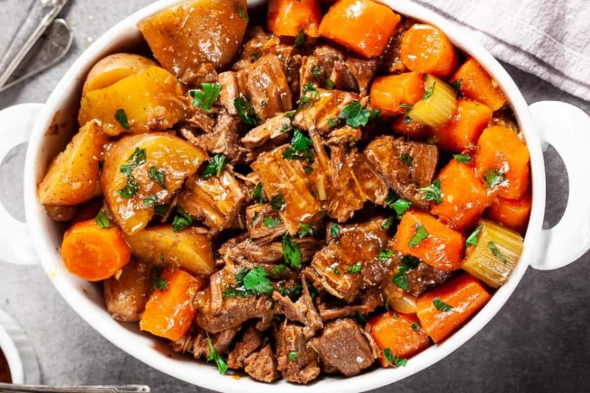 A bowl of instant pot beef pot roast.