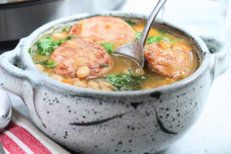 A bowl of instant pot turkey sausage soup.