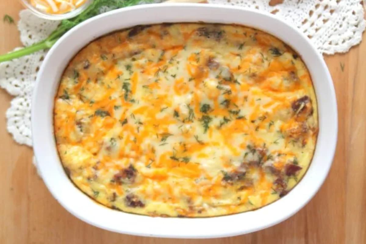 Keto bacon cheeseburger casserole in a baking dish.