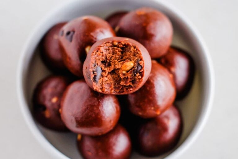 A bowl of no bake brownie bites.