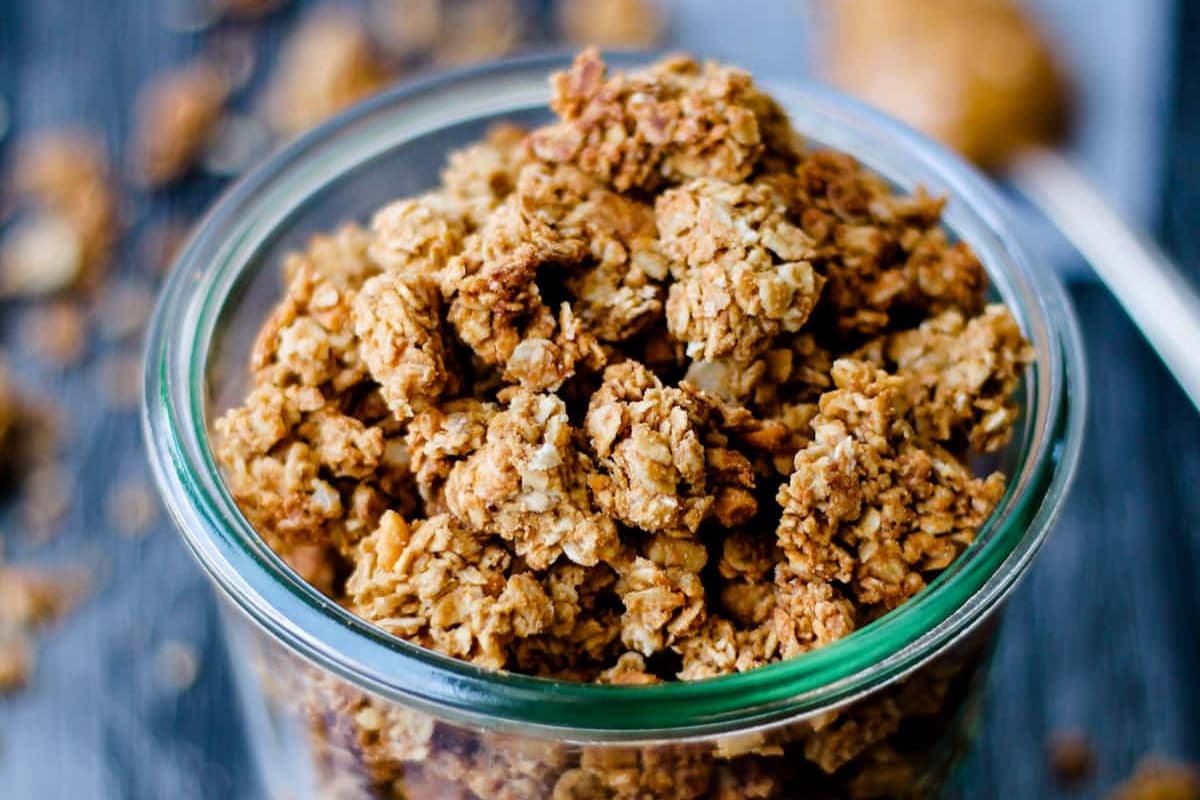 Peanut butter granola in a jar.