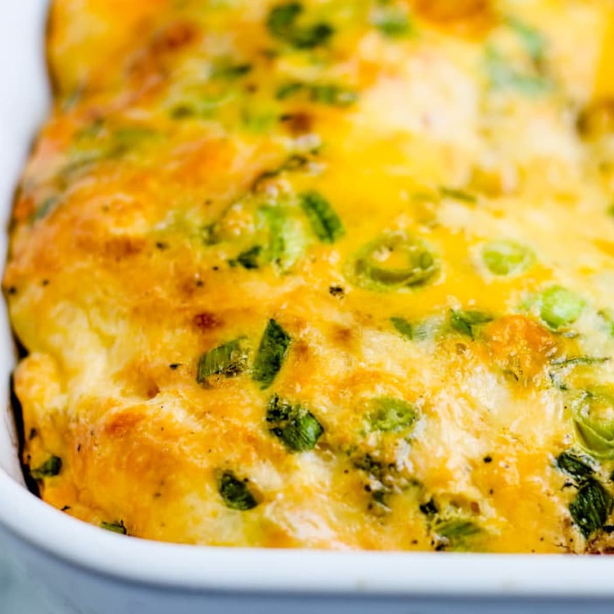 Overhead image of an egg casserole in a baking dish.