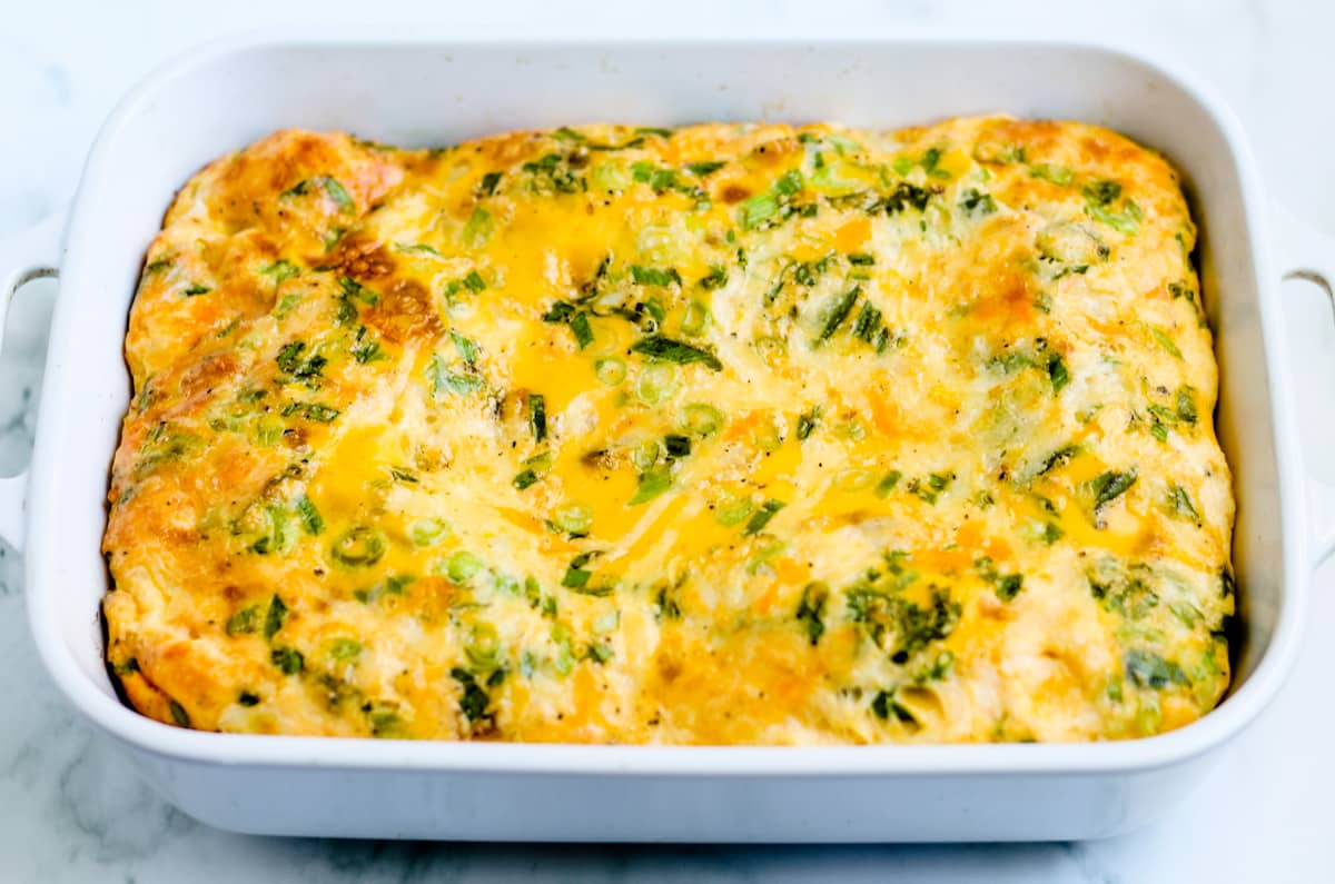 Egg casserole in a baking dish.