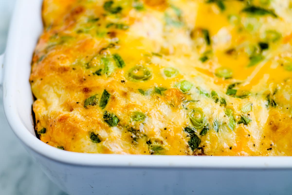 Egg casserole cooling in a baking dish.