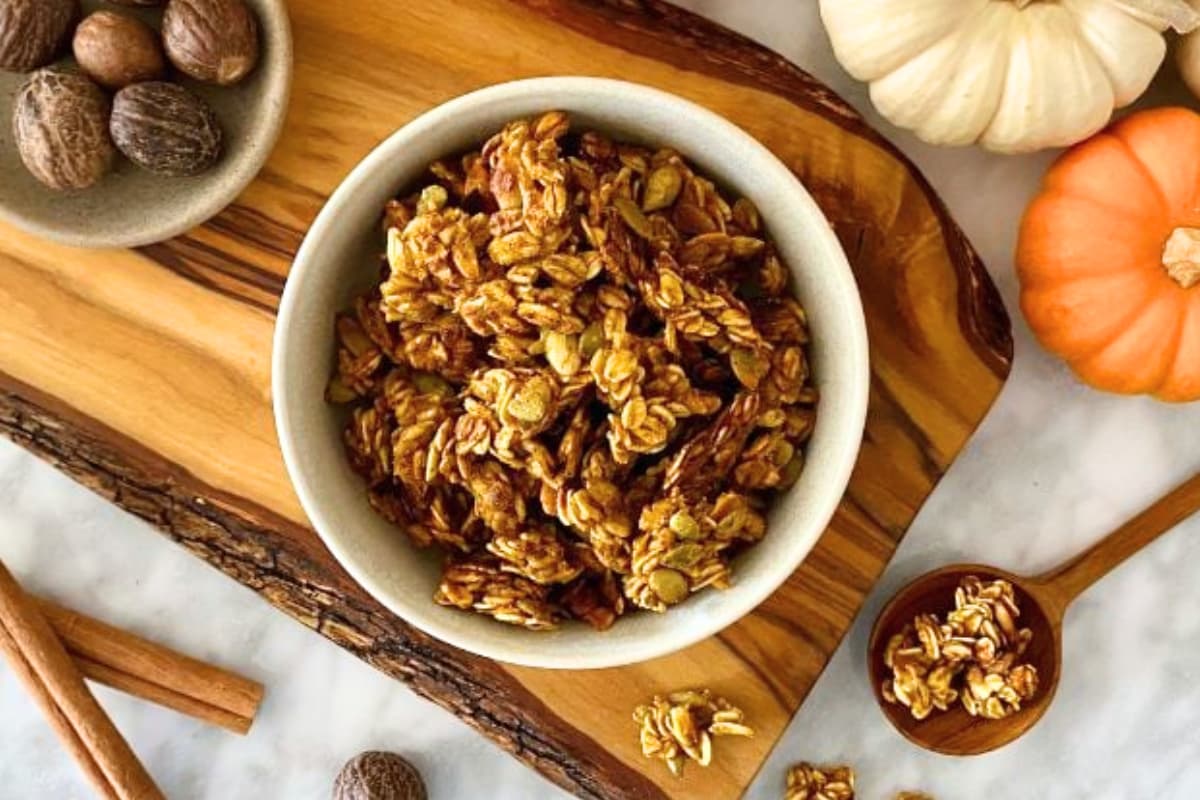 A bowl of pumpkin spice granola.