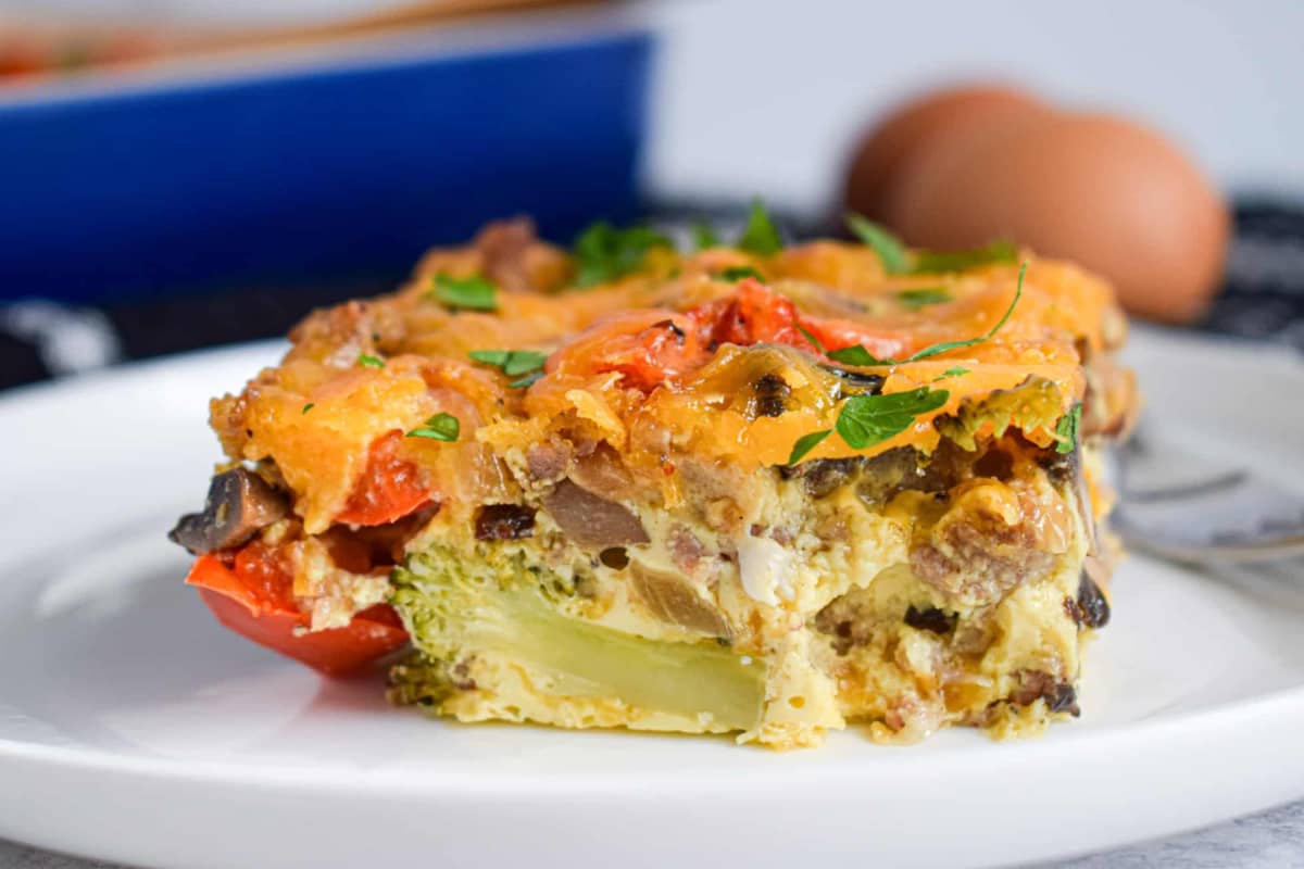 A plate of roasted vegetable egg casserole.