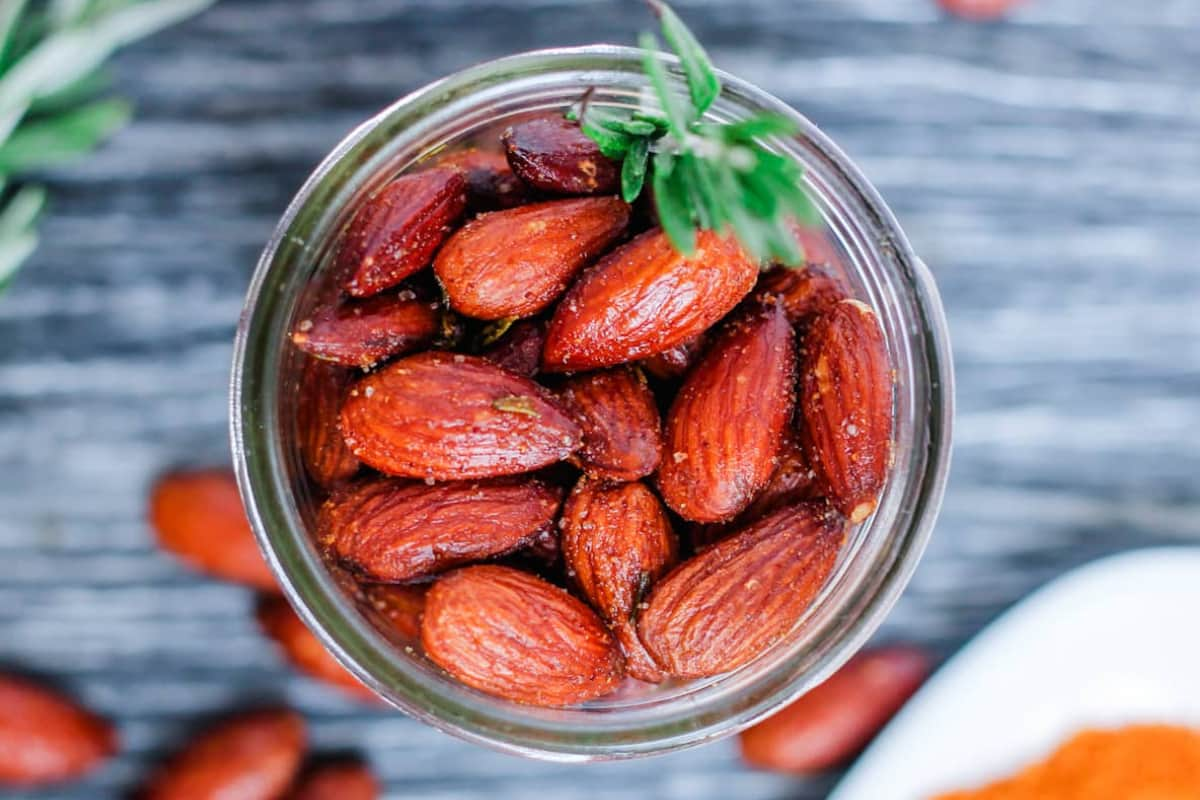 A jar of rosemary almonds.