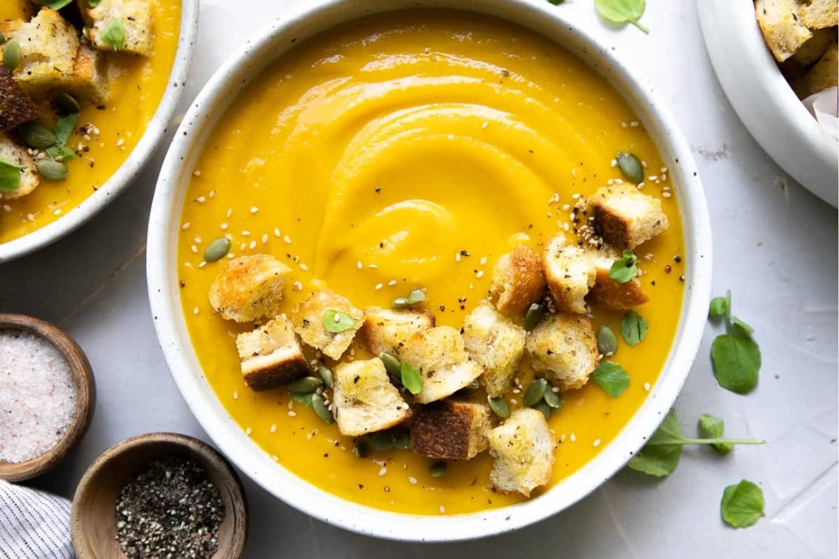 A bowl of slow cooker butternut squash soup.