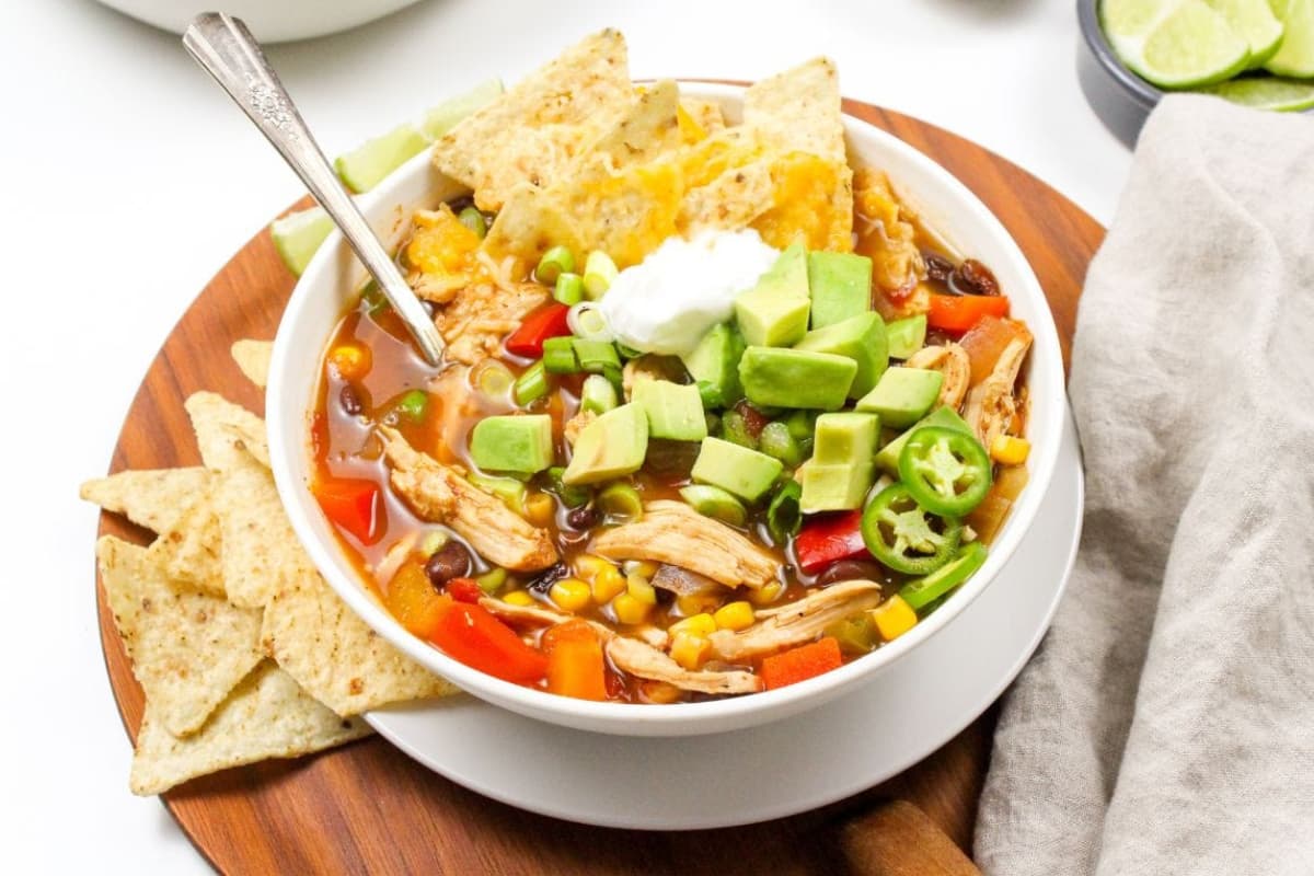 A bowl of slow cooker chicken taco soup.