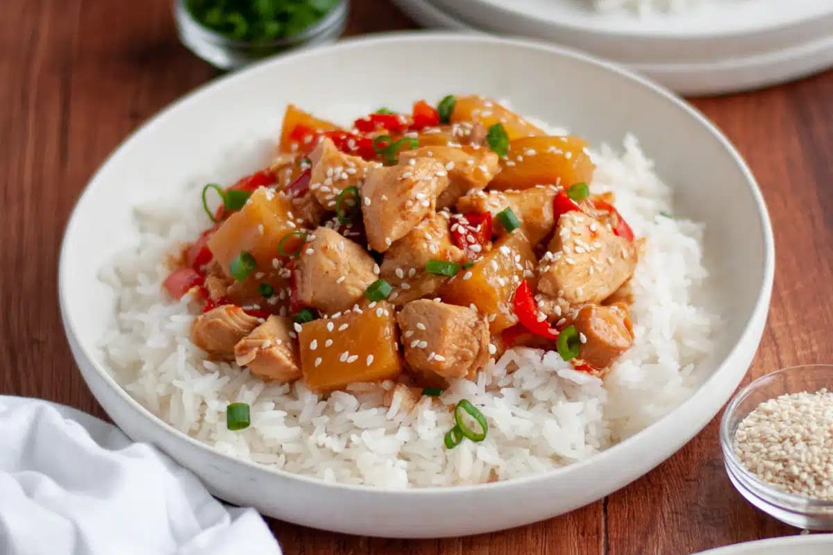 A plate of slow cooker Hawaiian chicken.