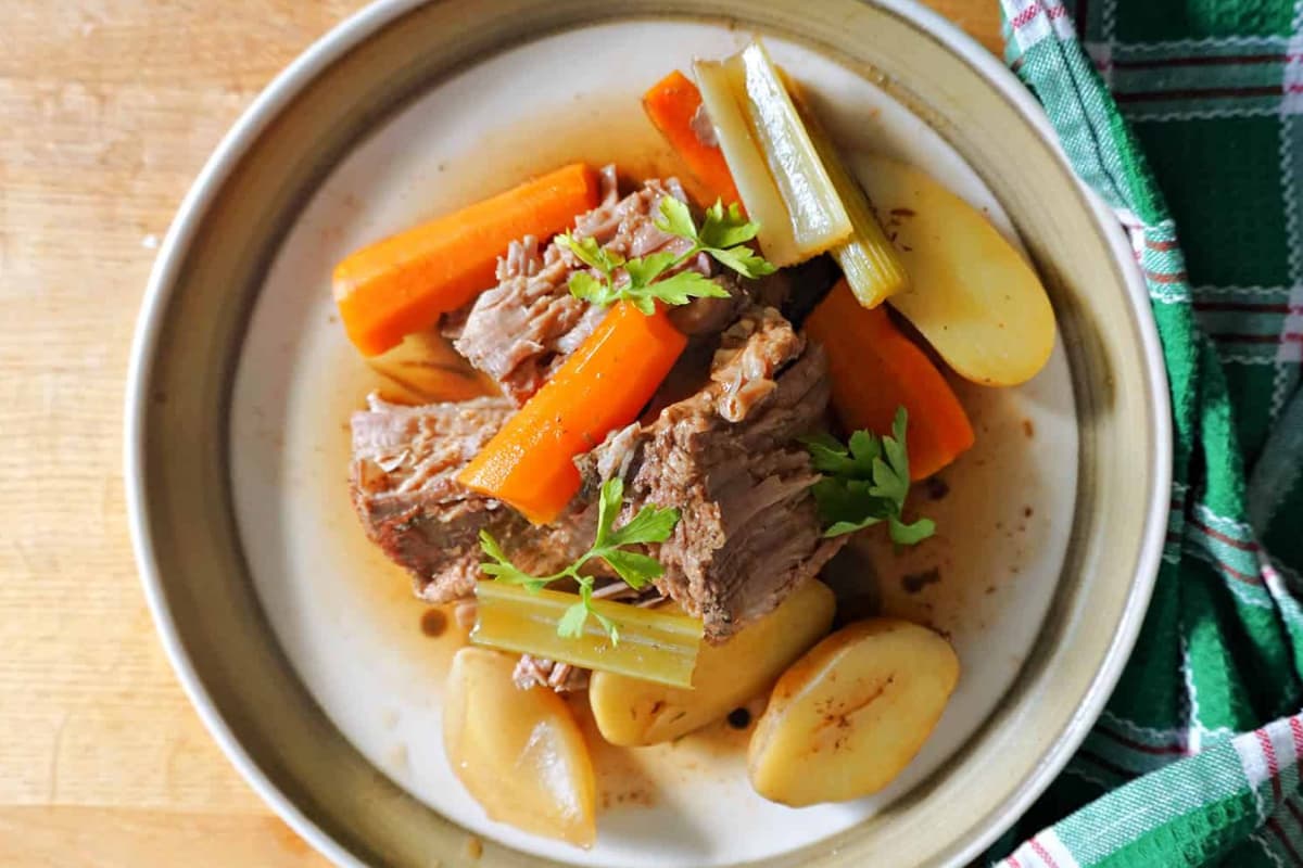 A plate of slow cooker roast beef.