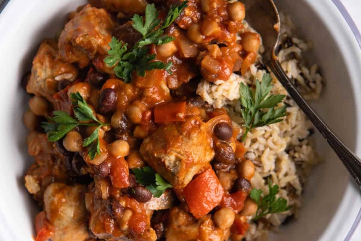 Overhead image of slow cooker sausage casserole.