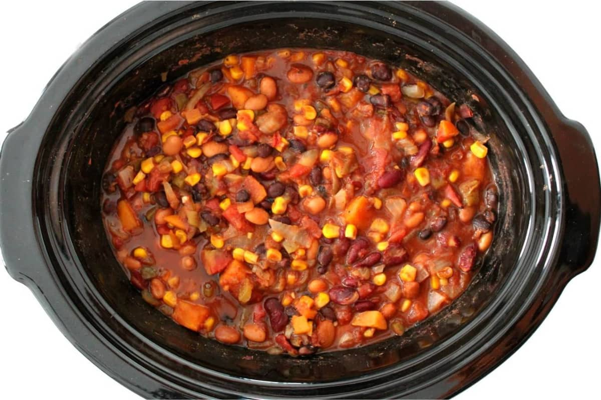 A pot of slow cooker vegan chili.