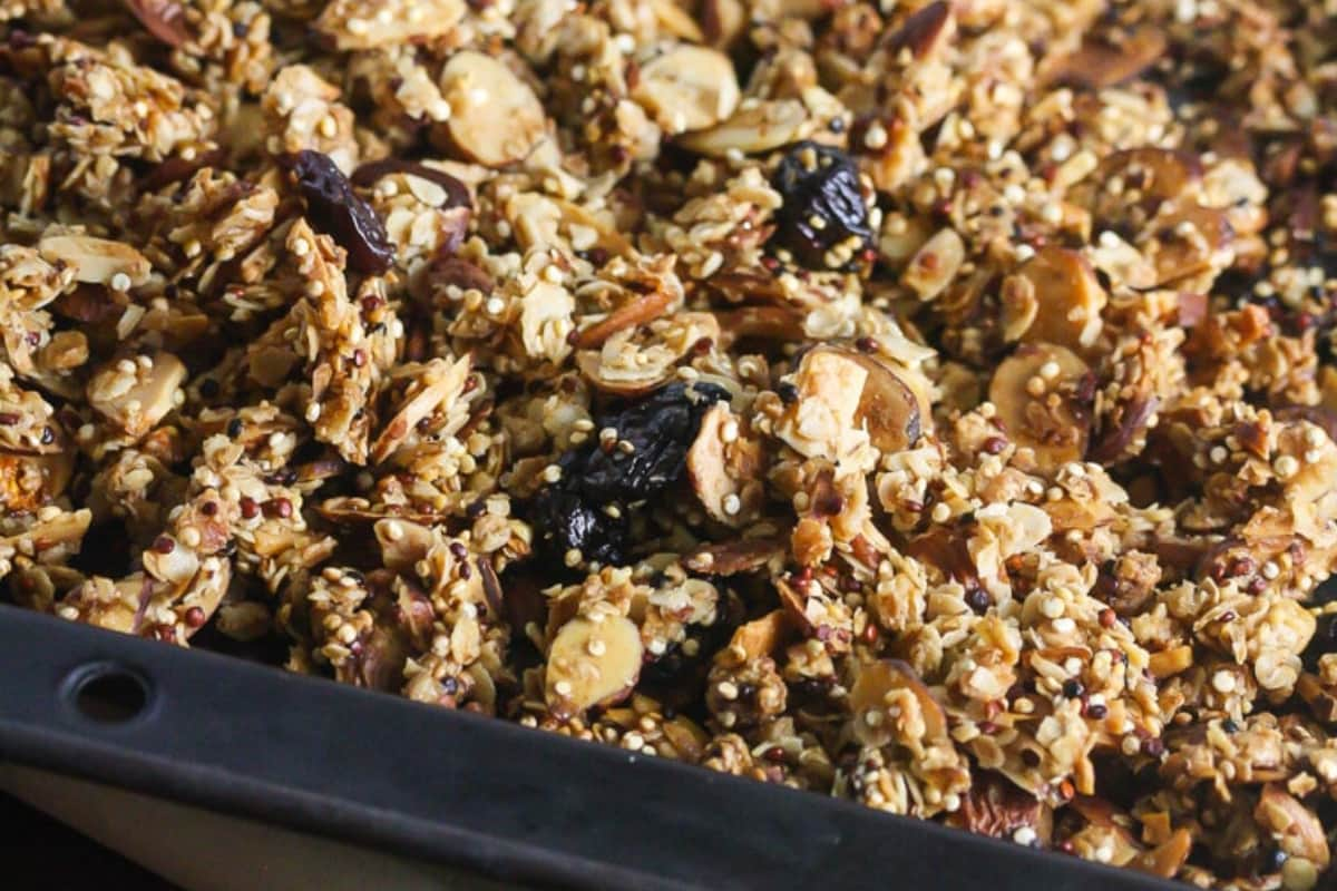 A tray of homemade sweet cherry granola.