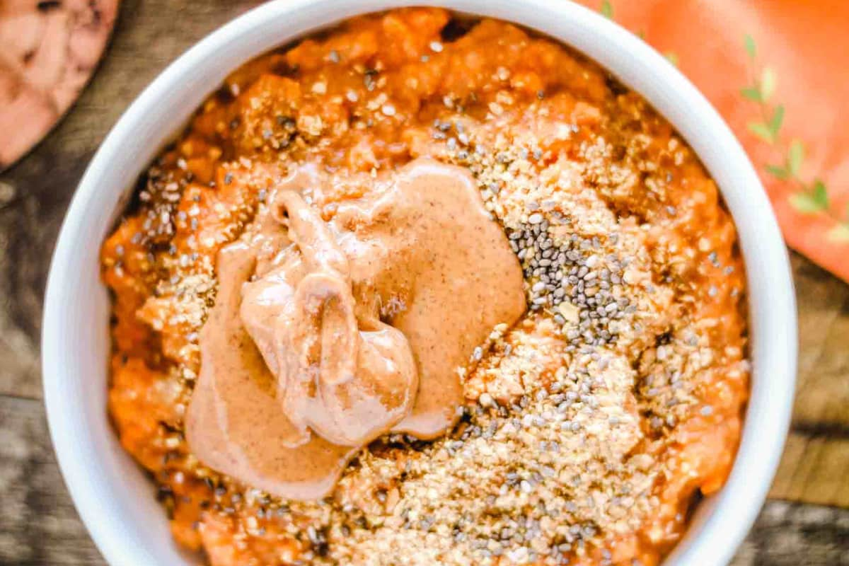 Sweet potato breakfast bowl on a table.