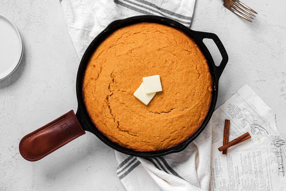 Sweet potato corn bread in a pan.