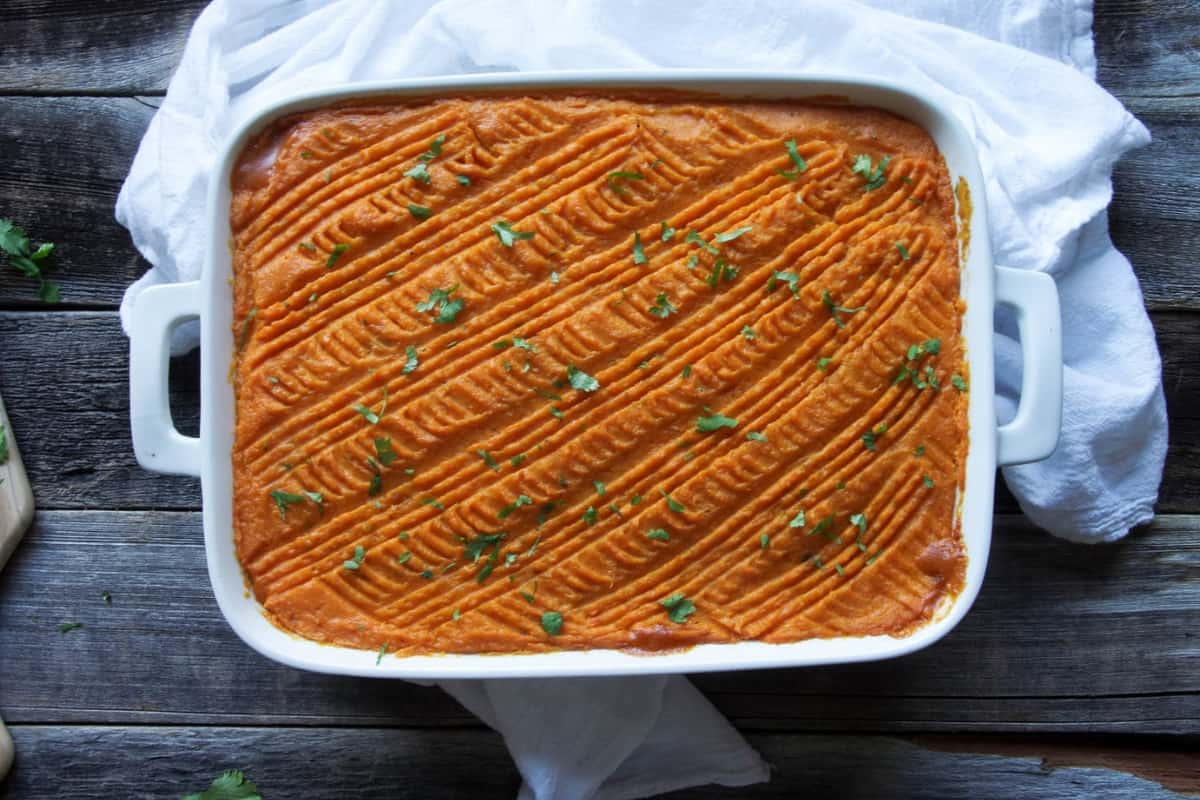 A dish of sweet potato shepherd's pie.