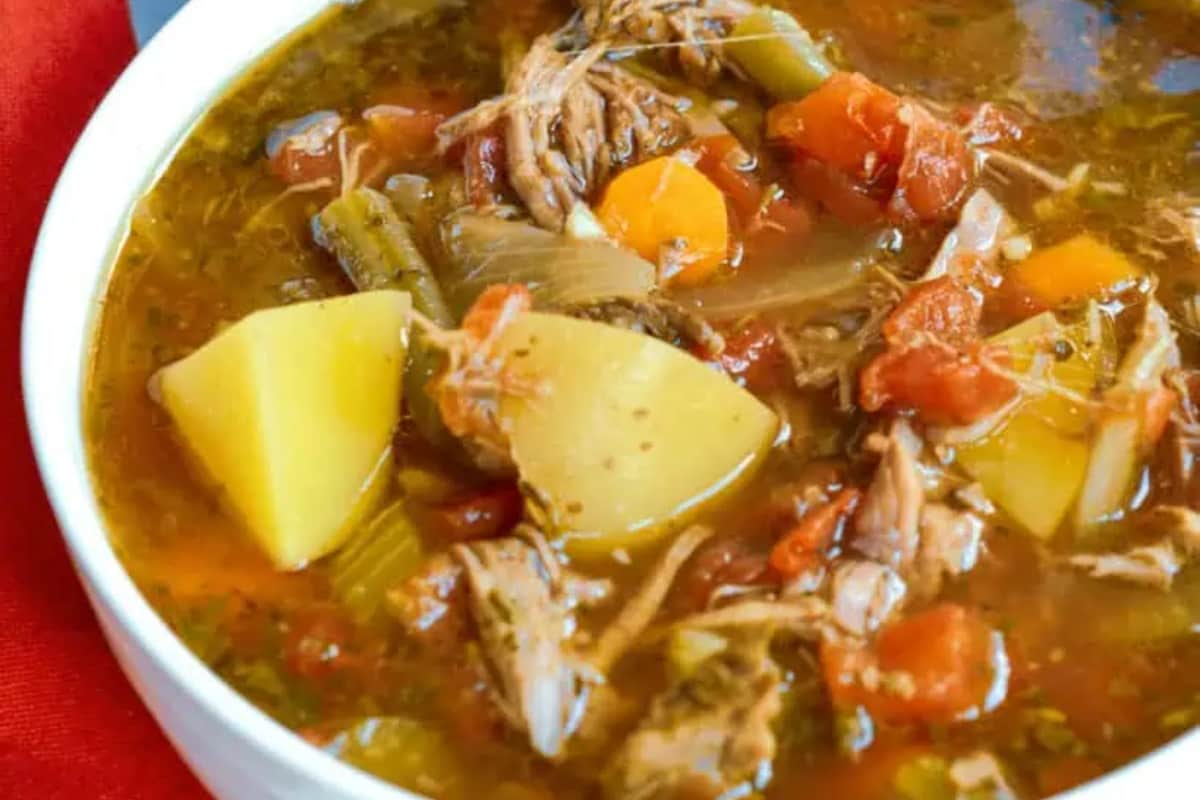 A bowl of vegetable beef soup.