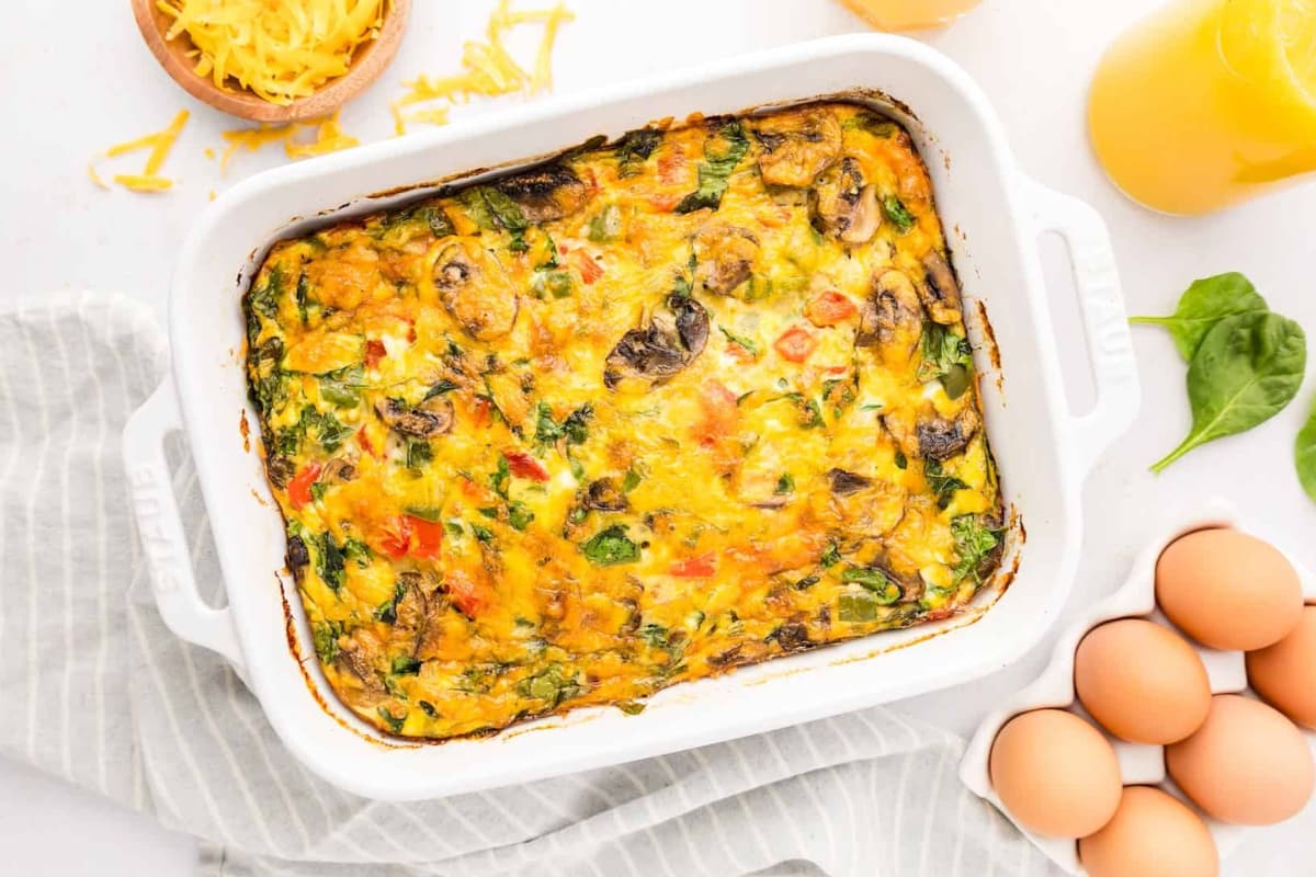 Veggie breakfast casserole in a baking dish.