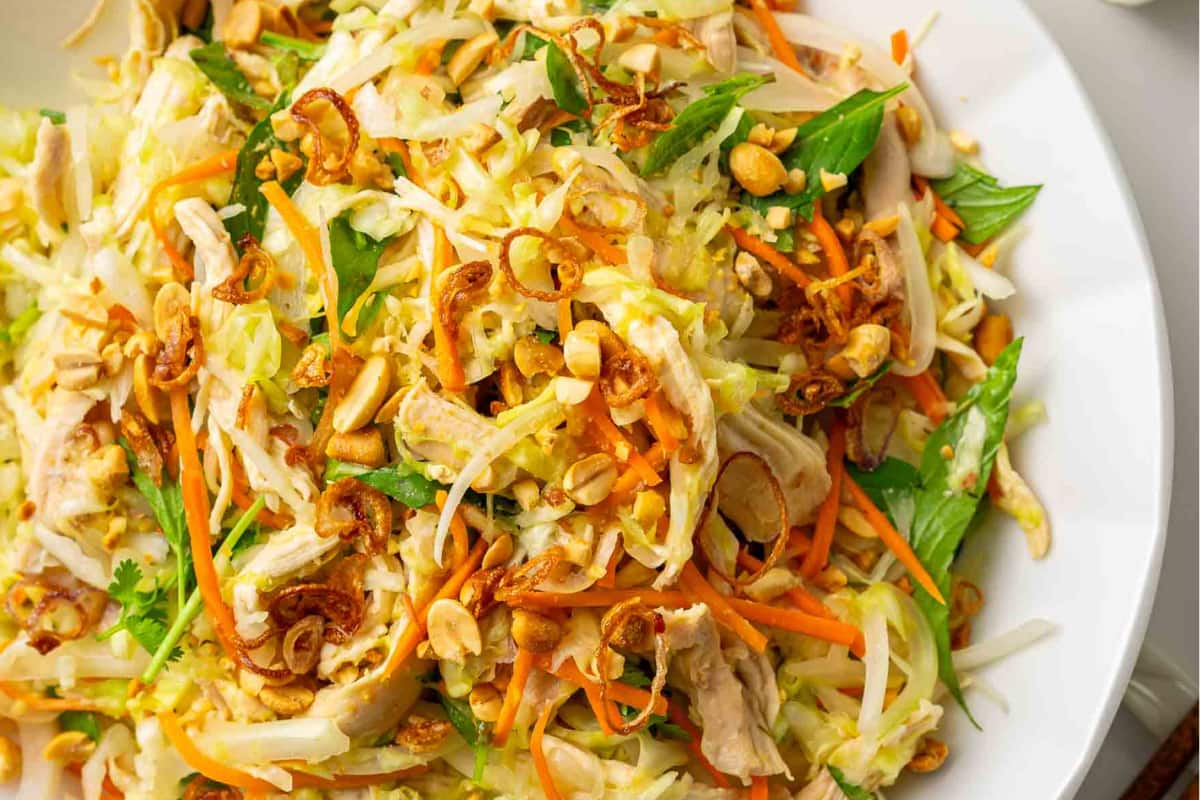 A plate of Vietnamese chicken cabbage salad.