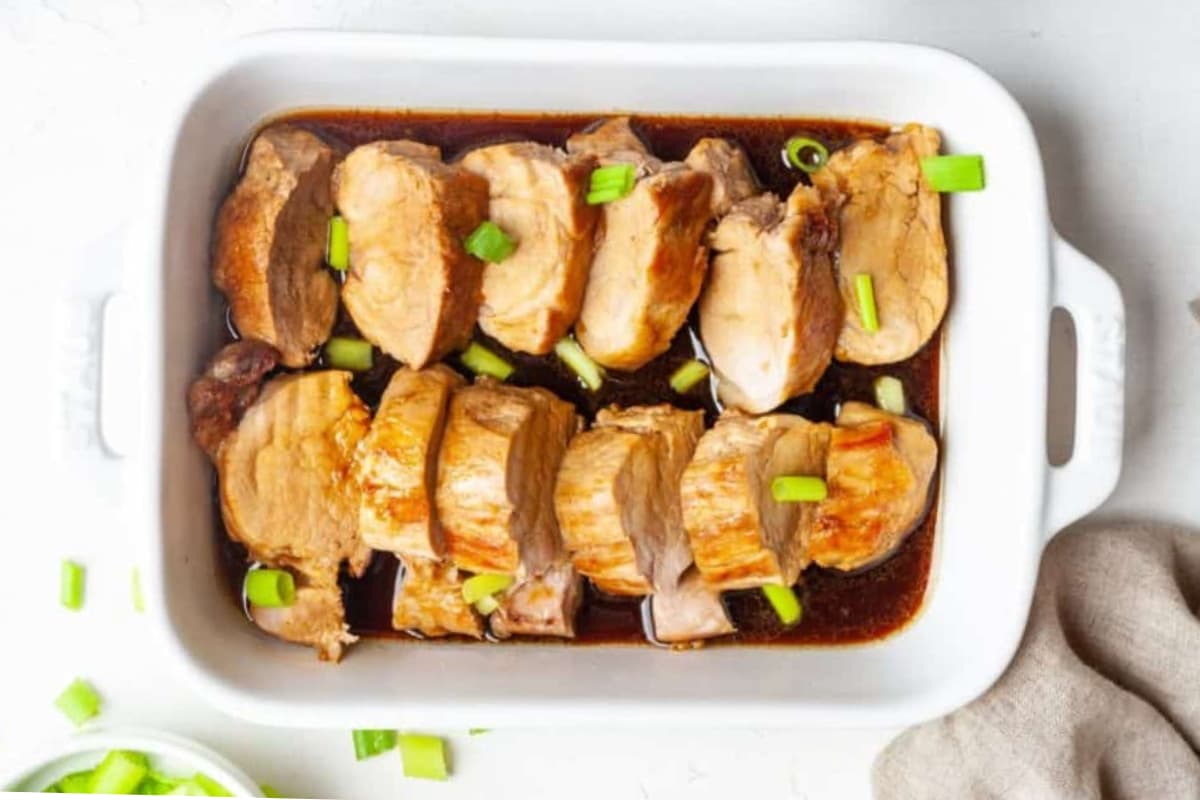 Casserole dish of pork tenderloin.