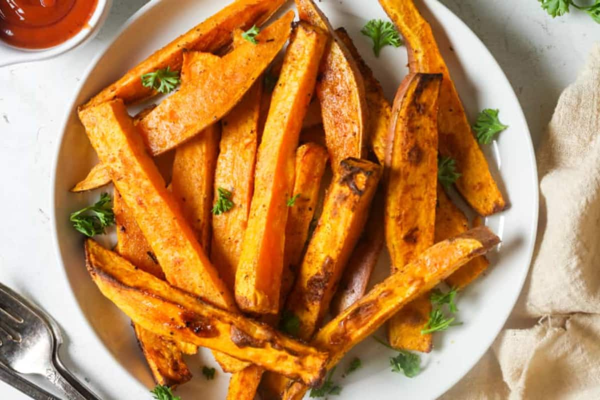 Overhead image of sweet potato fries.