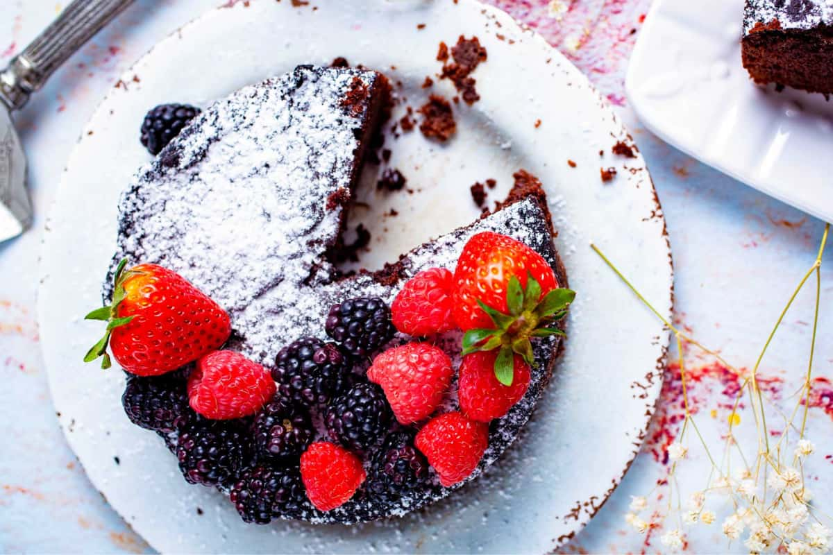 A plate of almond flour chocolate cake.