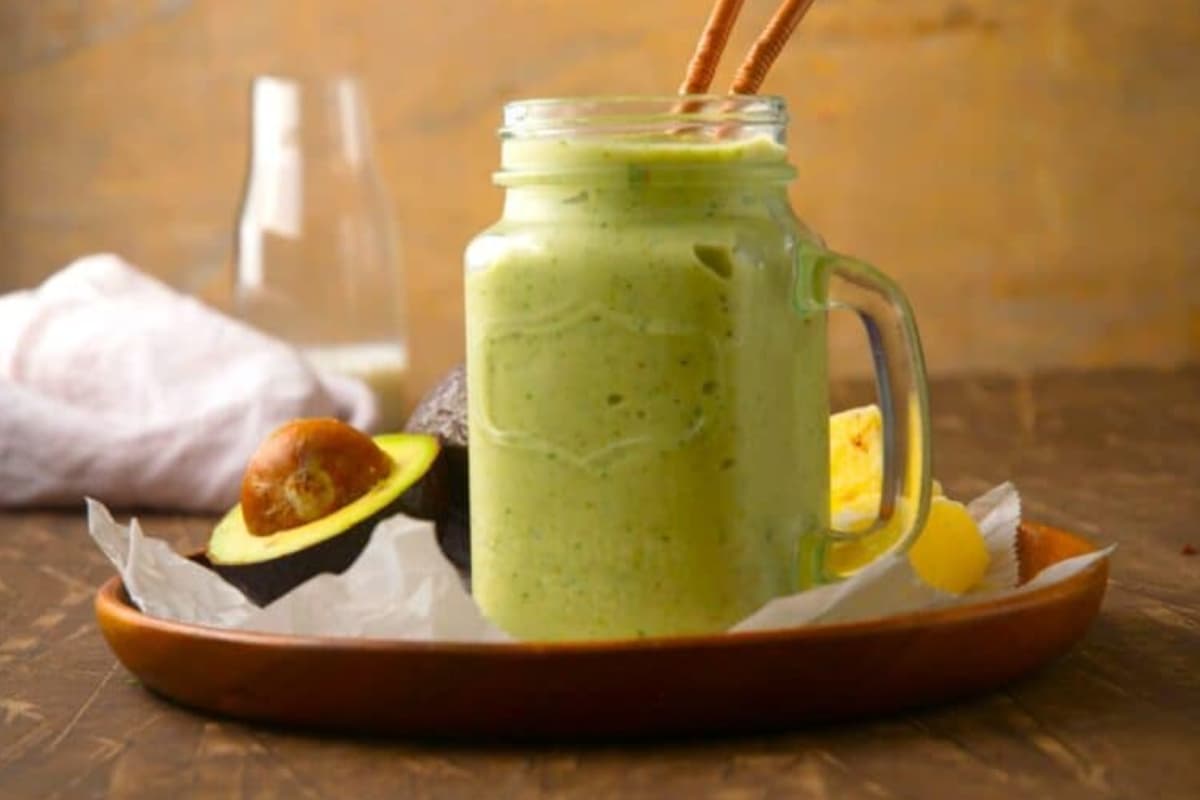 A glass of avocado smoothie.