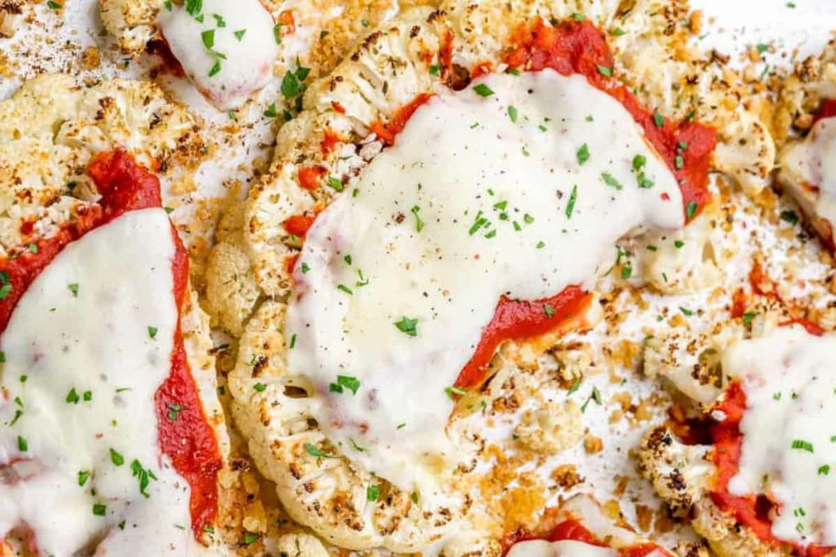 A platter of baked cauliflower parmesan.