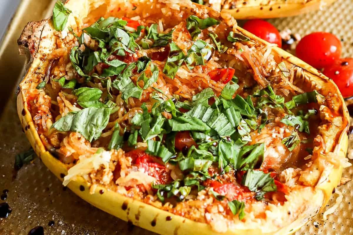 A tray of baked feta spaghetti squash.