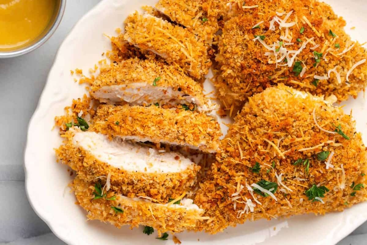 A plate of baked panko chicken.