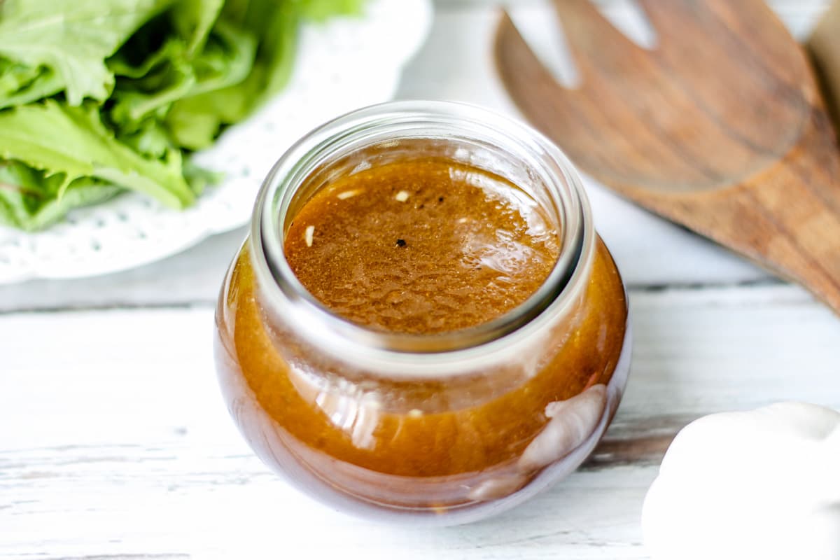 A jar of maple balsamic vinaigrette.