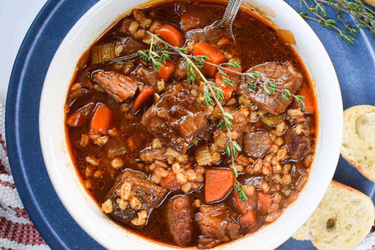 Overhead image of beef and barley stew.