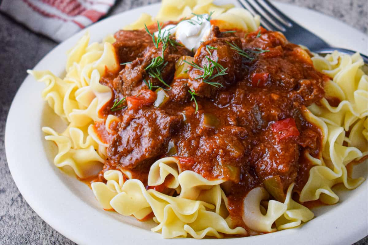 A bowl of beef paprikash.