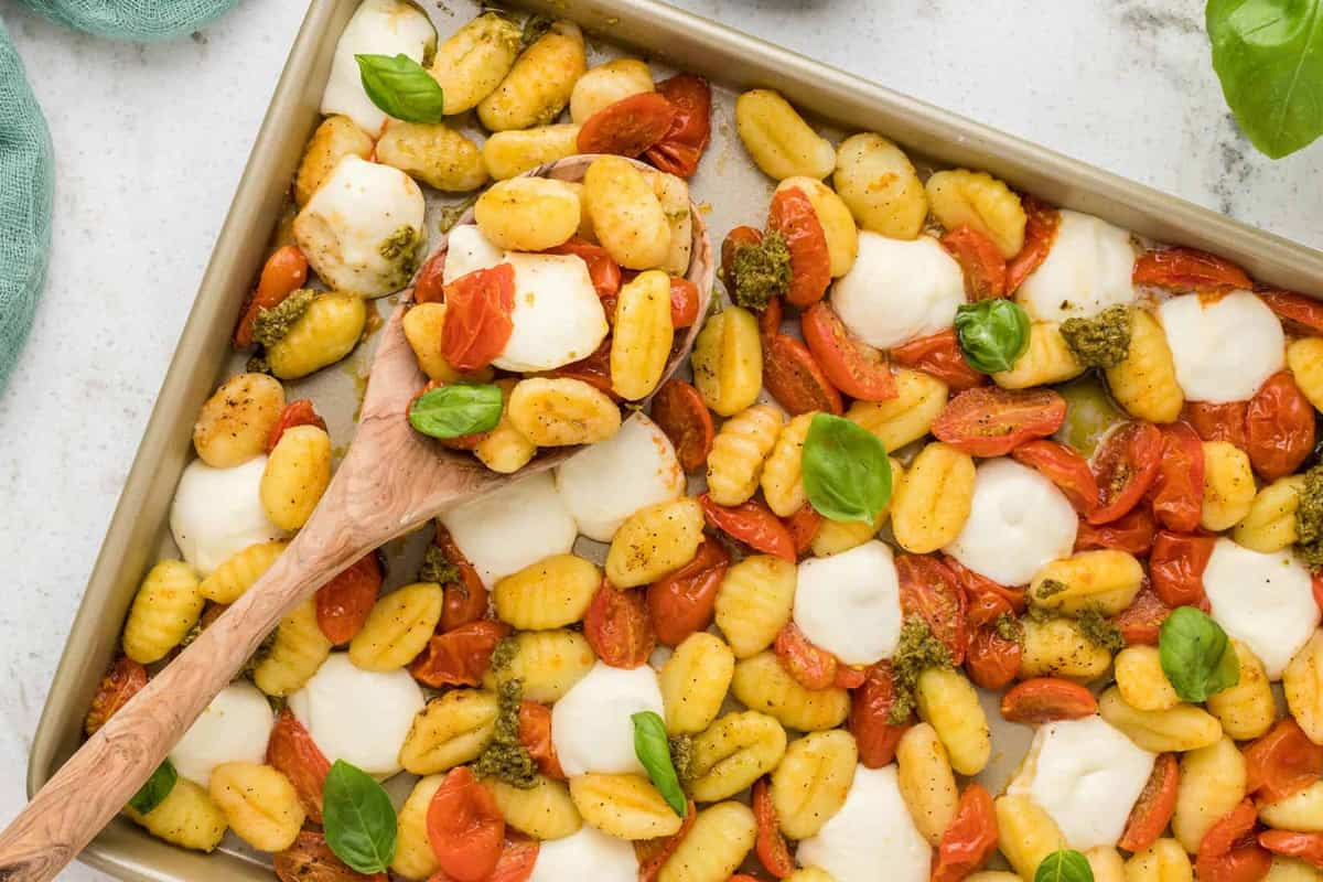 Overhead image of gnocchi sheet pan dinner.