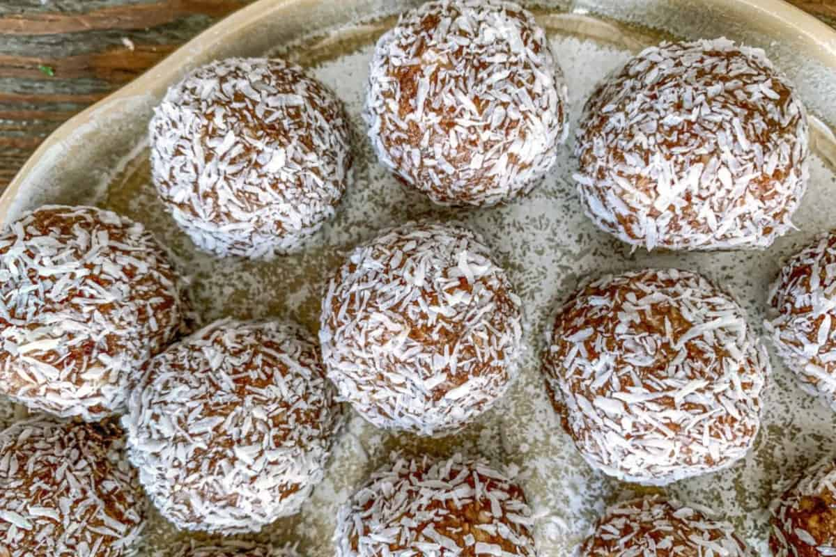 A plate of caramel bliss balls.