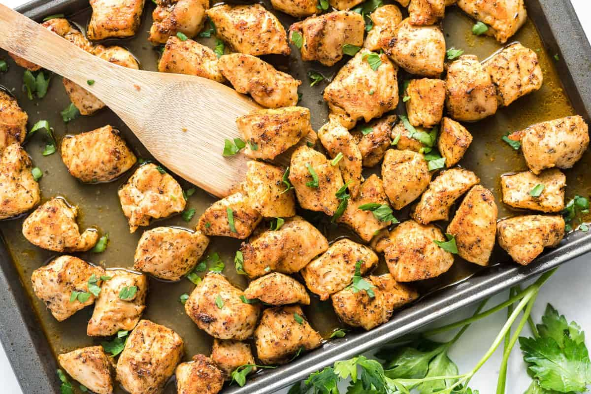 A pan of chicken bites.