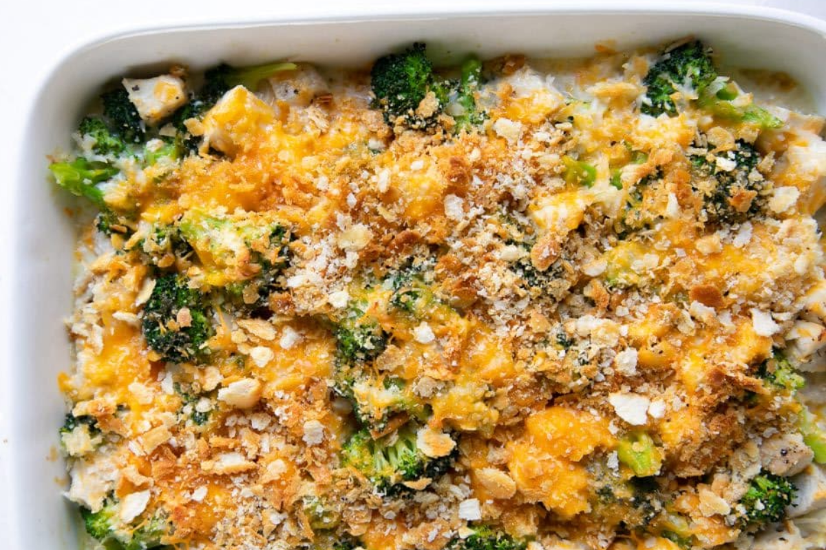 A dish of chicken broccoli rice casserole.