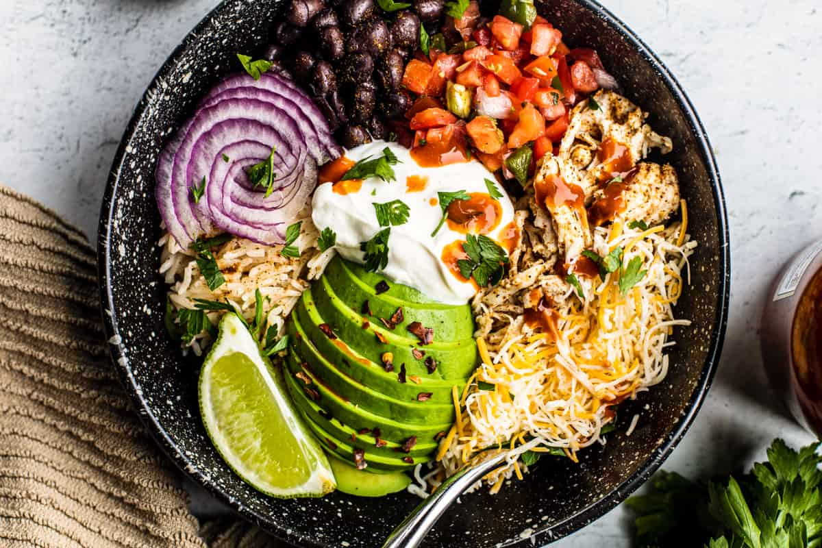 A dish of chicken burrito bowl.