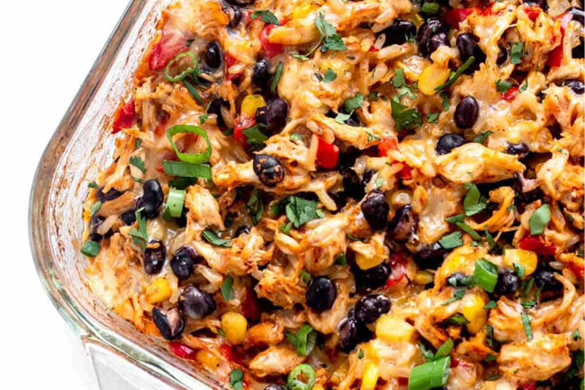 A dish of chicken burrito casserole.