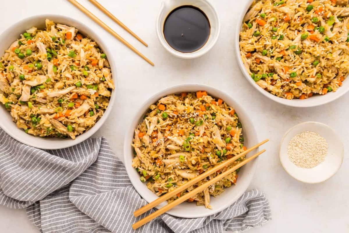 Bowls of chicken fried rice.