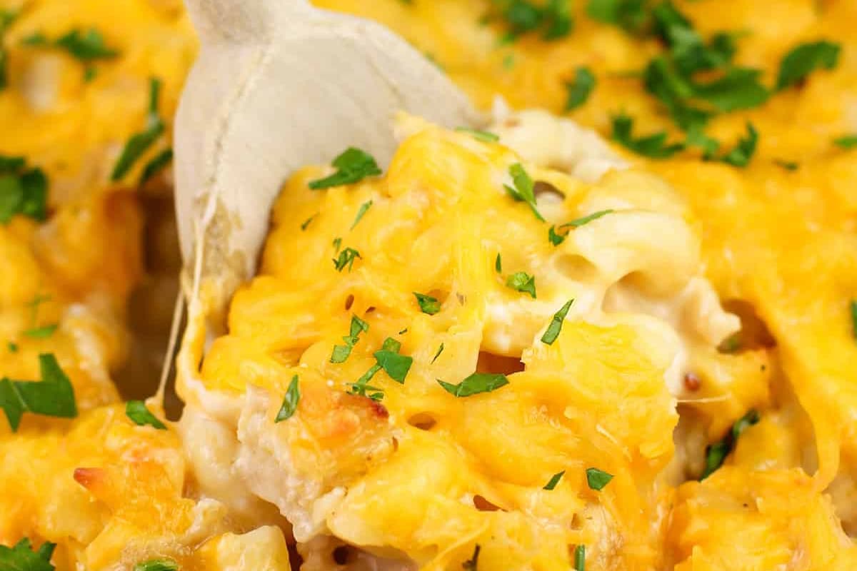 A dish of chicken macaroni casserole.