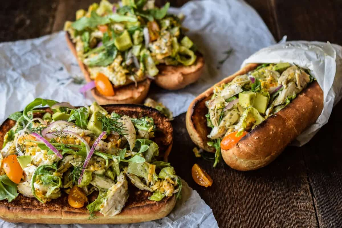 Chicken salad sandwiches on hoagie buns.