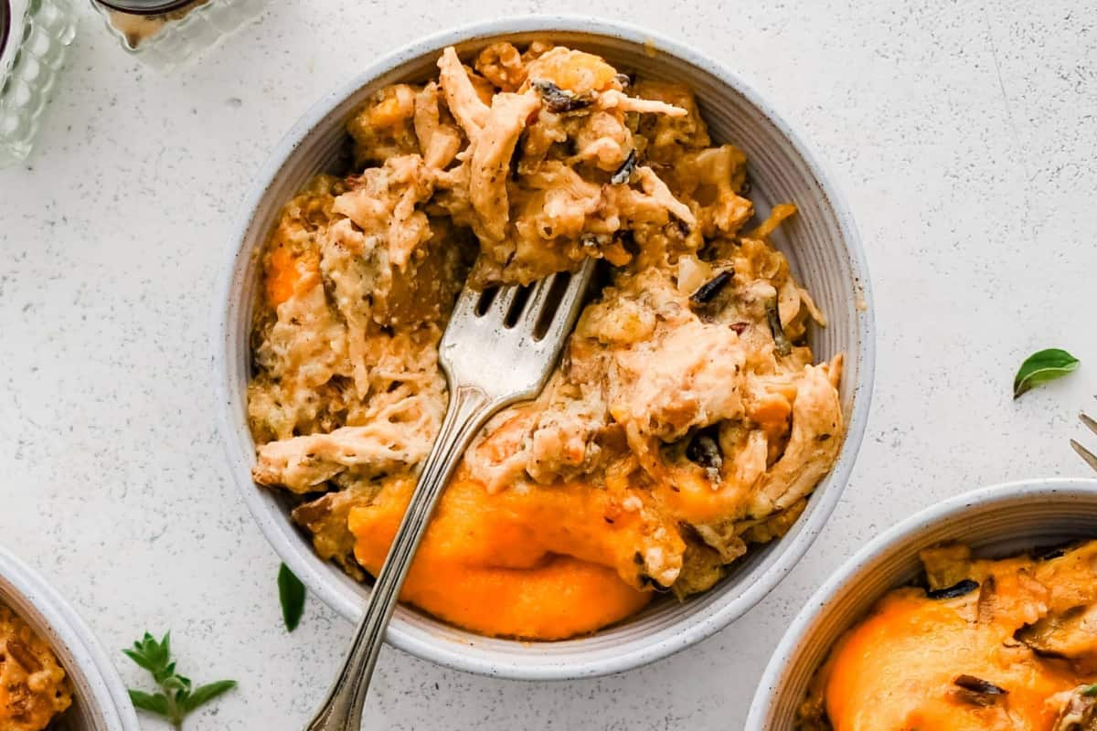 A bowl of chicken wild rice casserole.