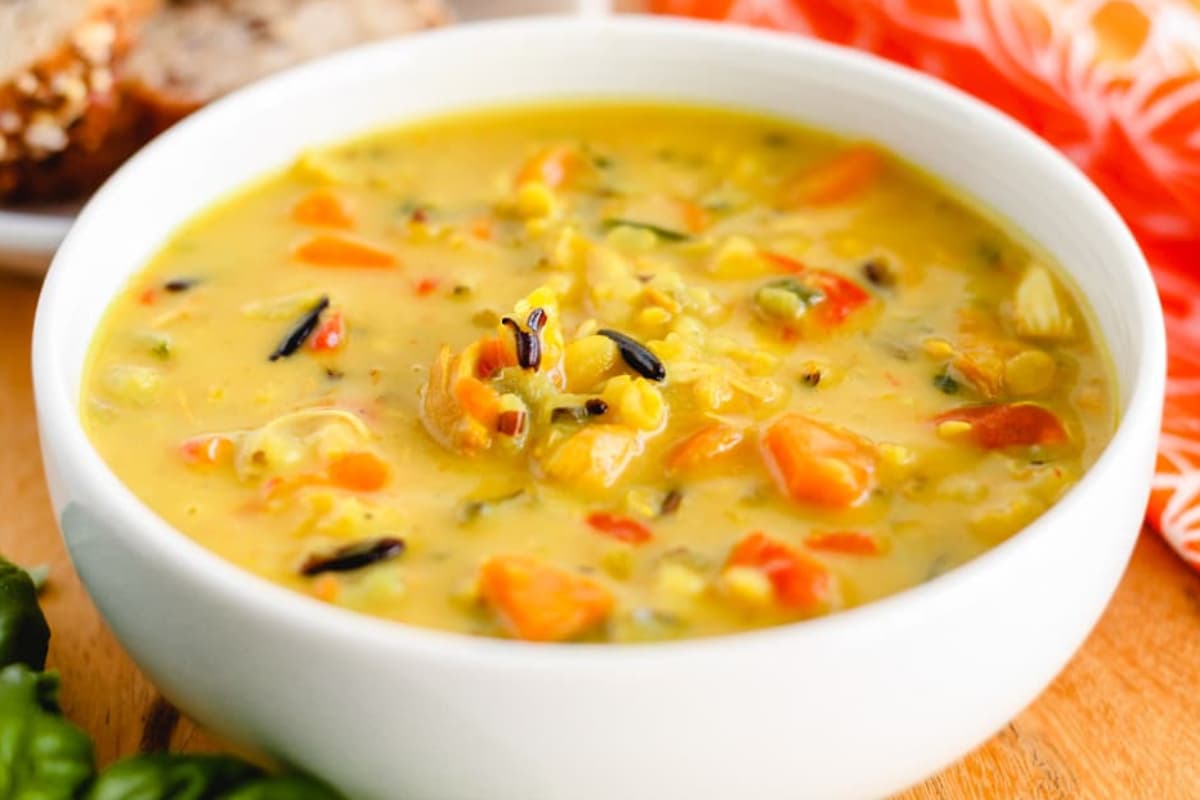 A bowl of chicken wild rice soup.