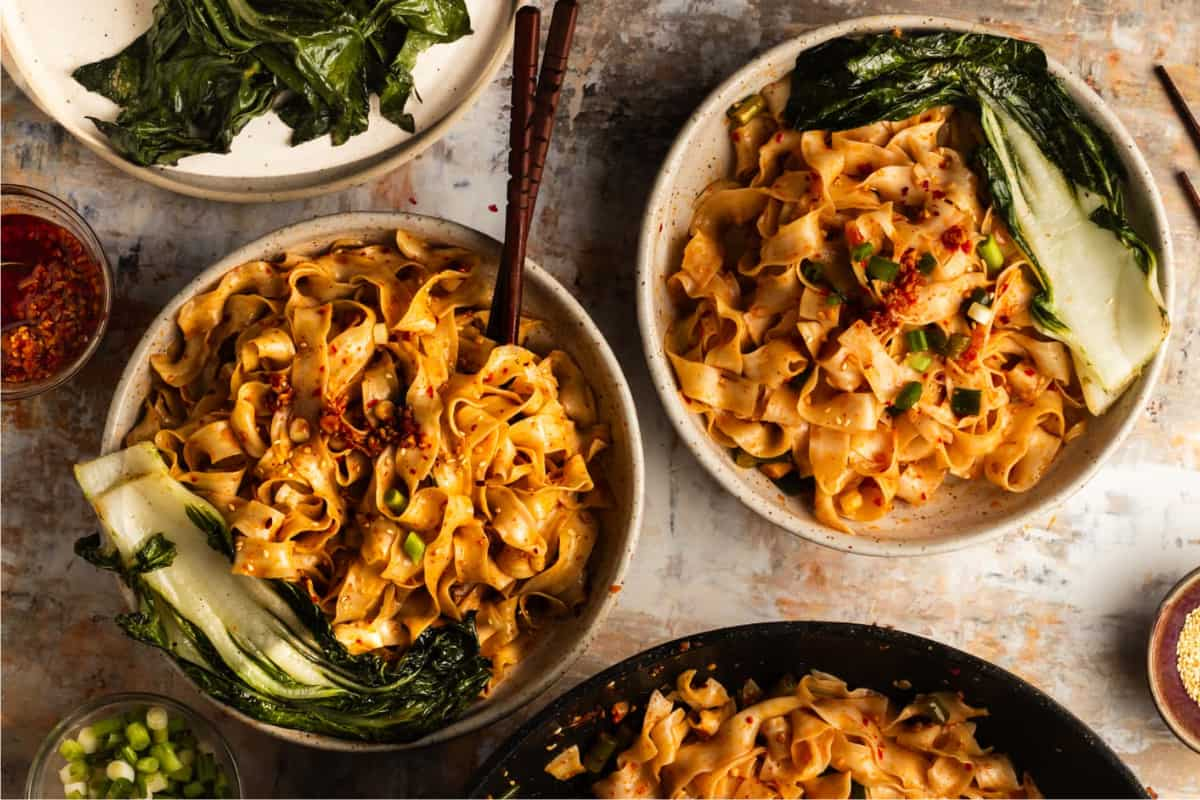 Bowls of chili oil noodles.