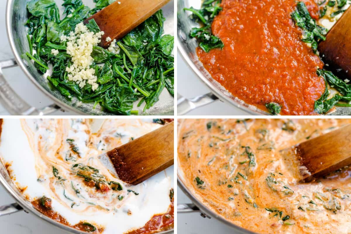 A collage of prep images where ingredients are stirred in a pan.