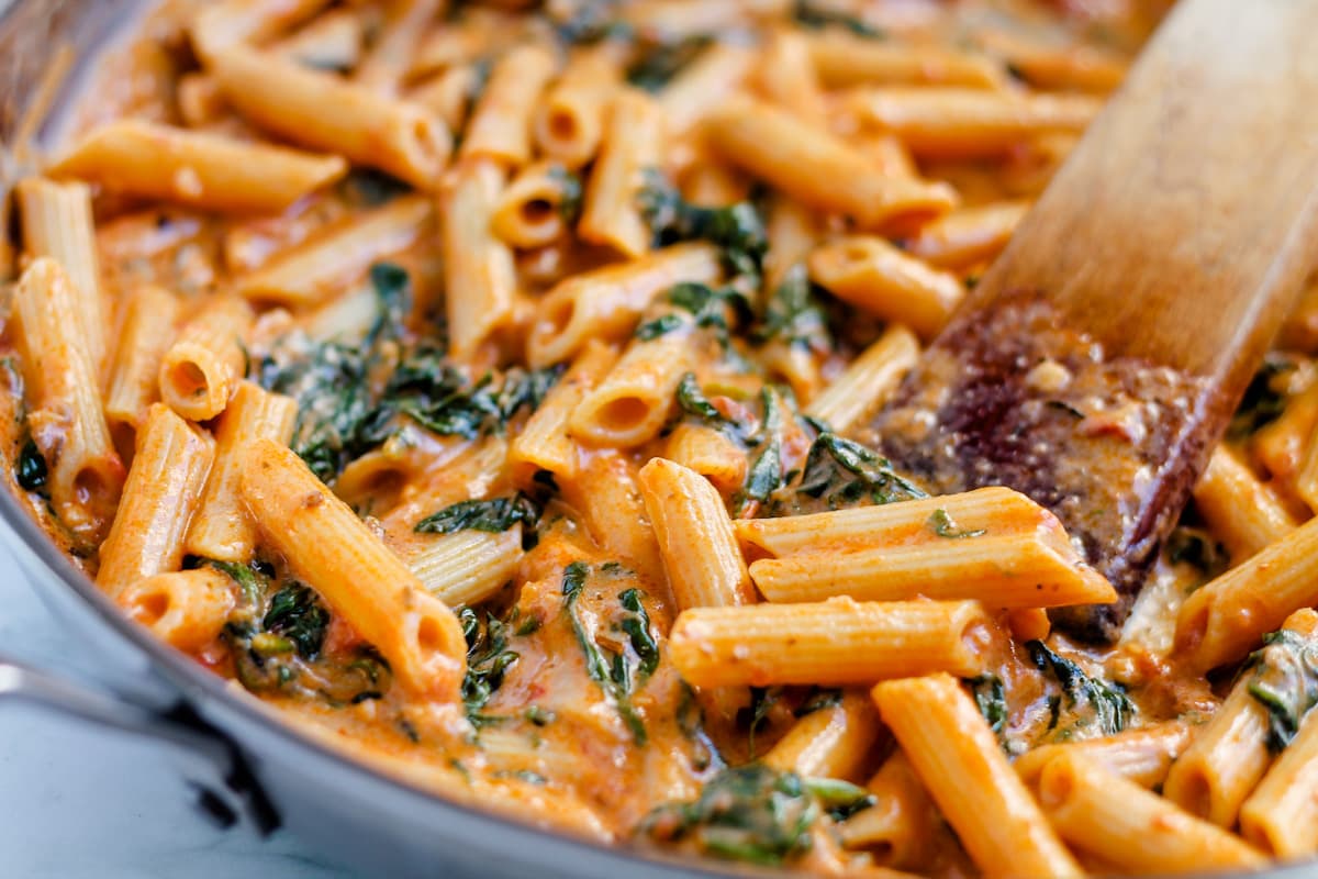 A skillet of pasta.