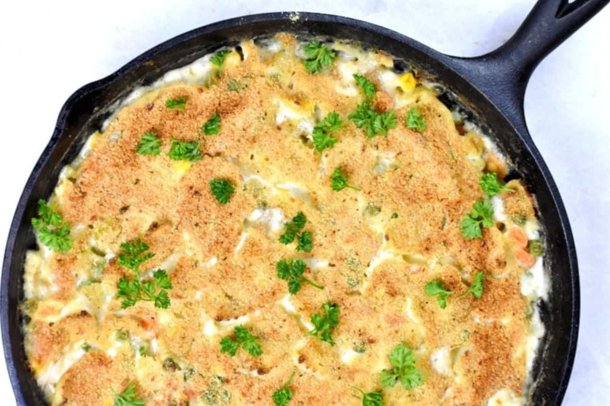 A skillet of crustless chicken pot pie.